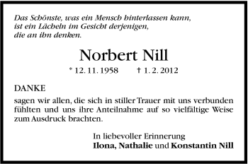 Traueranzeige von Norbert Nill von Stuttgarter Zeitung / Stuttgarter Nachrichten