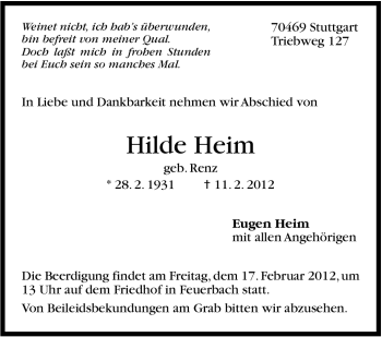 Traueranzeige von Hilde Heim von Stuttgarter Zeitung / Stuttgarter Nachrichten