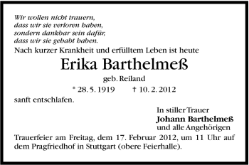 Traueranzeige von Erika Barthelmeß von Stuttgarter Zeitung / Stuttgarter Nachrichten