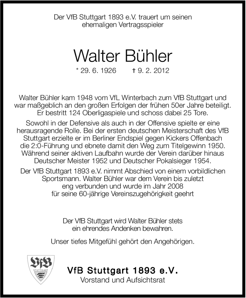  Traueranzeige für Walter Bühler vom 14.02.2012 aus Stuttgarter Zeitung / Stuttgarter Nachrichten