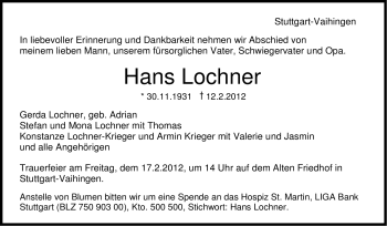 Traueranzeige von Hans Lochner von Stuttgarter Zeitung / Stuttgarter Nachrichten