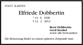 Traueranzeige von Elfriede Dobbertin von Stuttgarter Zeitung / Stuttgarter Nachrichten