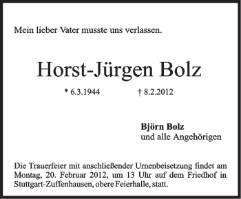 Traueranzeige von Horst-Jürgen Bolz von Stuttgarter Zeitung / Stuttgarter Nachrichten