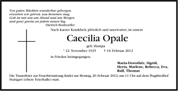 Traueranzeige von Caecilia Opale von Stuttgarter Zeitung / Stuttgarter Nachrichten
