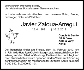 Traueranzeige von Javier Zaldua-Arregui von Stuttgarter Zeitung / Stuttgarter Nachrichten