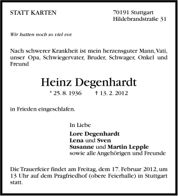 Traueranzeige von Heinz Degenhardt von Stuttgarter Zeitung / Stuttgarter Nachrichten