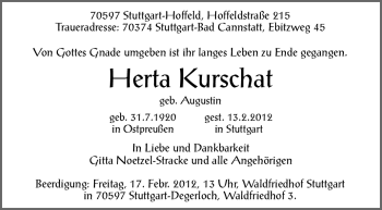 Traueranzeige von Herta Kurschat von Stuttgarter Zeitung / Stuttgarter Nachrichten