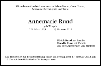 Traueranzeige von Annemarie Rund von Stuttgarter Zeitung / Stuttgarter Nachrichten