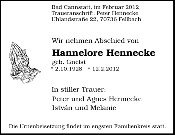 Traueranzeige von Hannelore Hennecke von Stuttgarter Zeitung / Stuttgarter Nachrichten