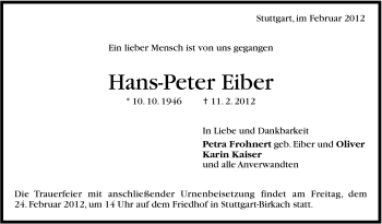 Traueranzeige von Hans-Peter Eiber von Stuttgarter Zeitung / Stuttgarter Nachrichten