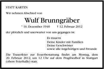 Traueranzeige von Wulf Brunngräber von Stuttgarter Zeitung / Stuttgarter Nachrichten