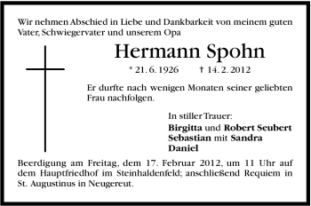 Traueranzeige von Hermann Spohn von Stuttgarter Zeitung / Stuttgarter Nachrichten