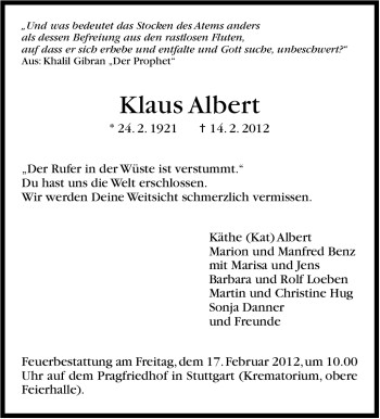 Traueranzeige von Klaus Albert von Stuttgarter Zeitung / Stuttgarter Nachrichten