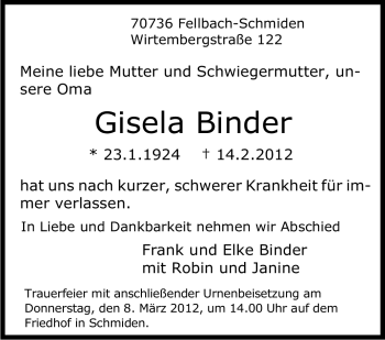 Traueranzeige von Gisela Binder von Stuttgarter Zeitung / Stuttgarter Nachrichten
