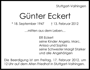 Traueranzeige von Günter Eckert von Stuttgarter Zeitung / Stuttgarter Nachrichten