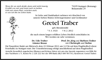 Traueranzeige von Gretel Traber von Stuttgarter Zeitung / Stuttgarter Nachrichten