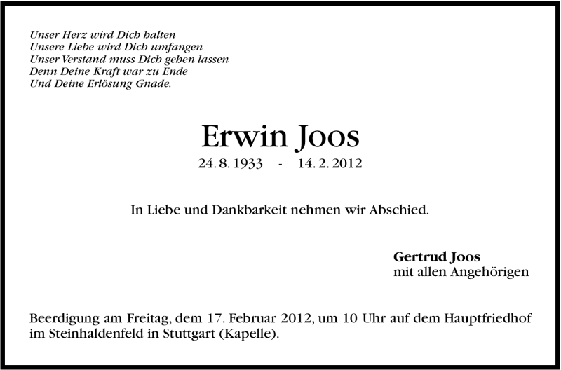  Traueranzeige für Erwin Joos vom 16.02.2012 aus Stuttgarter Zeitung / Stuttgarter Nachrichten