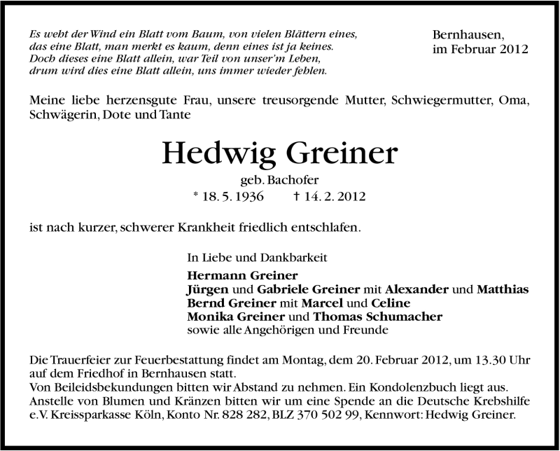  Traueranzeige für Hedwig Greiner vom 17.02.2012 aus Stuttgarter Zeitung / Stuttgarter Nachrichten