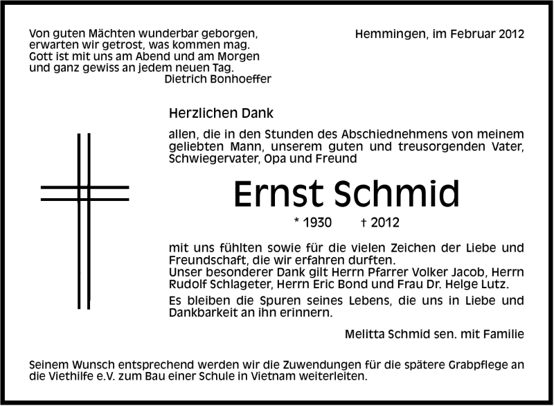 Traueranzeige für Ernst Schmid vom 17.02.2012 aus Leonberger Kreiszeitung / Strohgäu Extra