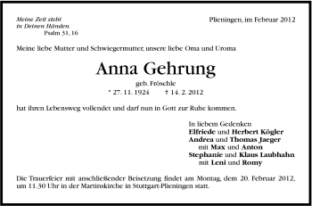 Traueranzeige von Anna Gehrung von Stuttgarter Zeitung / Stuttgarter Nachrichten