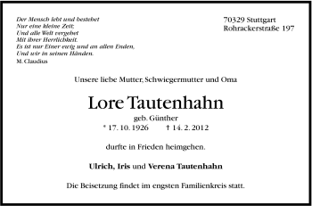 Traueranzeige von Lore Tautenhahn von Stuttgarter Zeitung / Stuttgarter Nachrichten