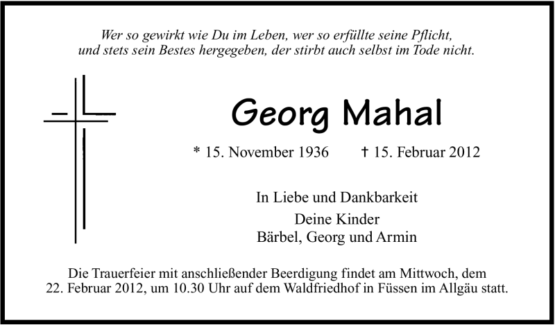  Traueranzeige für Georg Mahal vom 18.02.2012 aus Stuttgarter Zeitung / Stuttgarter Nachrichten