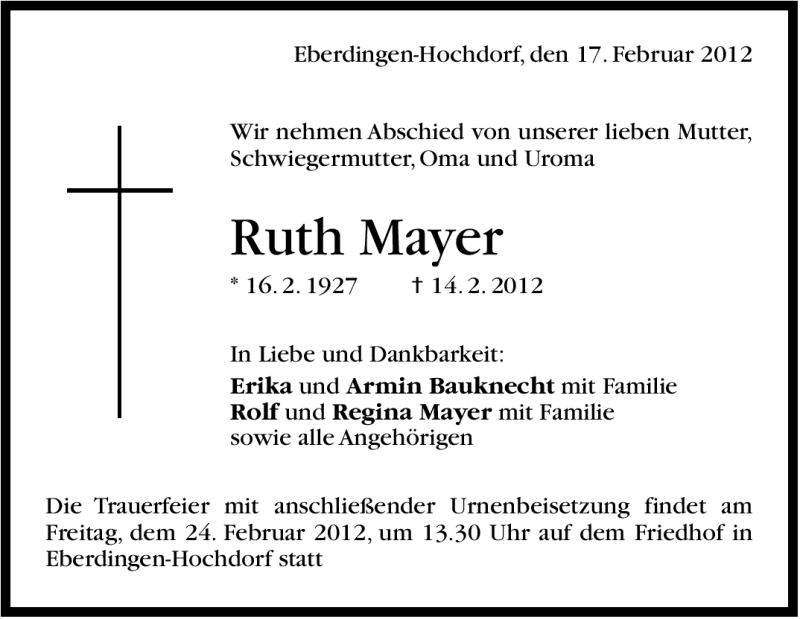  Traueranzeige für Ruth Mayer vom 17.02.2012 aus Stuttgarter Zeitung / Stuttgarter Nachrichten