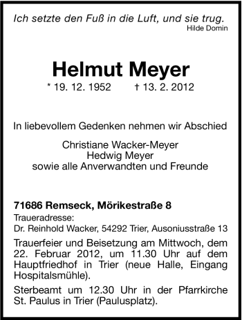 Traueranzeige von Helmut Meyer  von Stuttgarter Zeitung / Stuttgarter Nachrichten