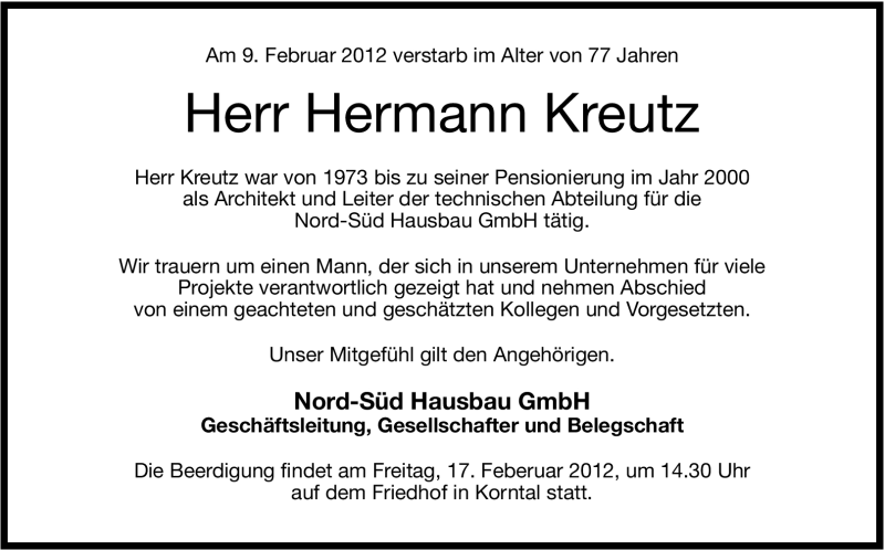  Traueranzeige für Hermann Kreutz vom 17.02.2012 aus Stuttgarter Zeitung / Stuttgarter Nachrichten