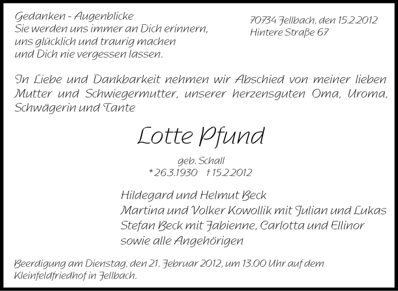  Traueranzeige für Lotte Pfund vom 18.02.2012 aus Stuttgarter Zeitung / Stuttgarter Nachrichten