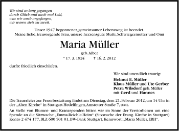 Traueranzeige von Maria Müller von Stuttgarter Zeitung / Stuttgarter Nachrichten
