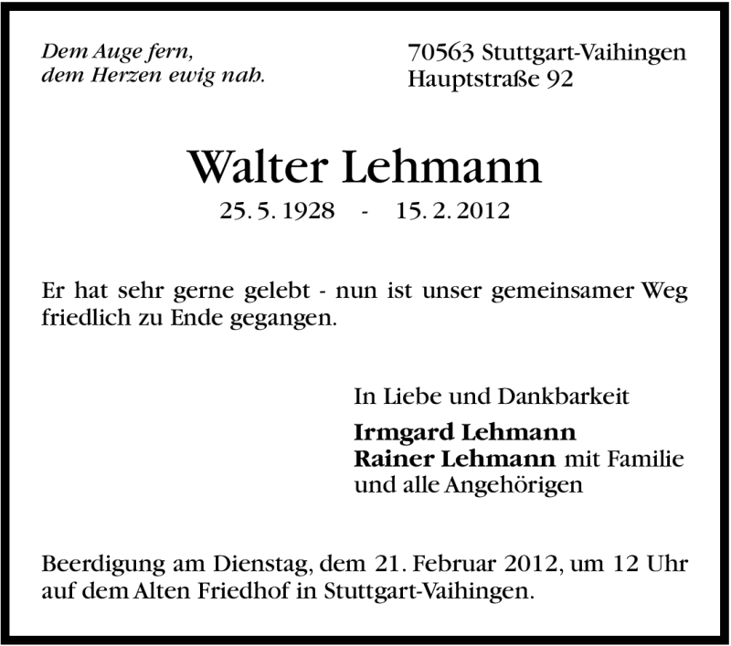  Traueranzeige für Walter Lehmann vom 17.02.2012 aus Stuttgarter Zeitung / Stuttgarter Nachrichten