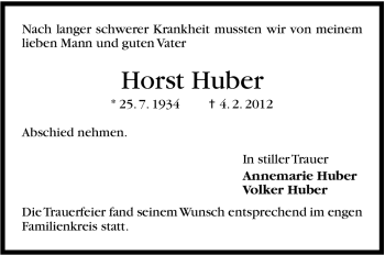 Traueranzeige von Horst Huber von Stuttgarter Zeitung / Stuttgarter Nachrichten