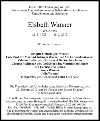 Traueranzeige von Elsbeth Wanner von Stuttgarter Zeitung / Stuttgarter Nachrichten