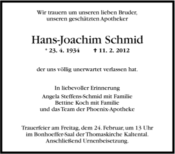 Traueranzeige von Hans-Joachim Schmid von Stuttgarter Zeitung / Stuttgarter Nachrichten
