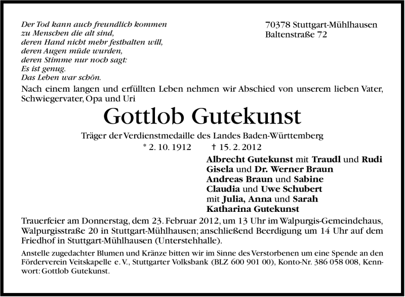  Traueranzeige für Gottlob Gutekunst vom 18.02.2012 aus Stuttgarter Zeitung / Stuttgarter Nachrichten