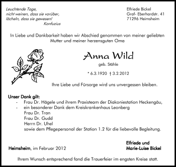 Traueranzeige von Anna Wild von Stuttgarter Zeitung / Stuttgarter Nachrichten