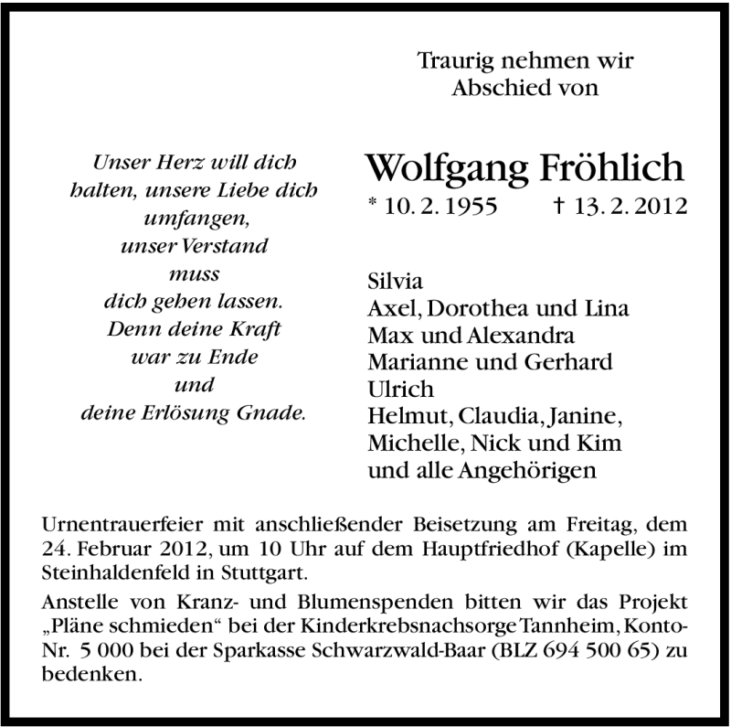  Traueranzeige für Wolfgang Fröhlich vom 22.02.2012 aus Stuttgarter Zeitung / Stuttgarter Nachrichten