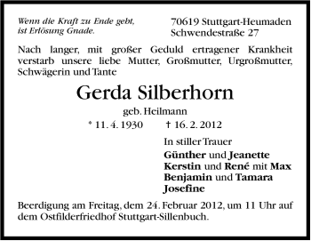 Traueranzeige von Gerda Silberhorn von Stuttgarter Zeitung / Stuttgarter Nachrichten
