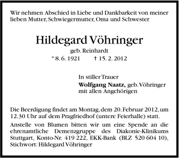 Traueranzeige von Hildegard Vöhringer von Stuttgarter Zeitung / Stuttgarter Nachrichten