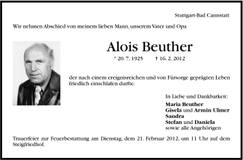 Traueranzeige von Alois Beuther von Stuttgarter Zeitung / Stuttgarter Nachrichten