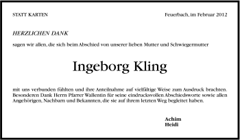 Traueranzeige von Ingeborg Kling von Stuttgarter Zeitung / Stuttgarter Nachrichten