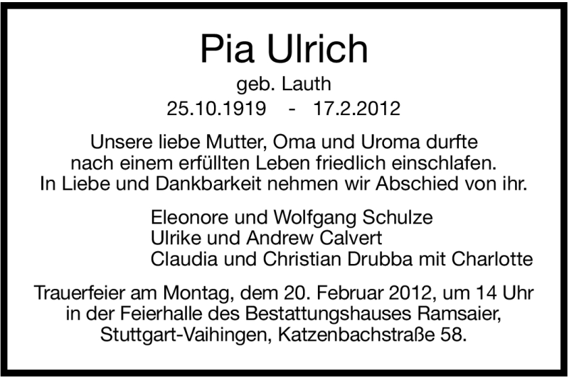  Traueranzeige für Pia Ulrich vom 18.02.2012 aus Stuttgarter Zeitung / Stuttgarter Nachrichten
