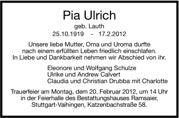 Traueranzeige von Pia Ulrich von Stuttgarter Zeitung / Stuttgarter Nachrichten