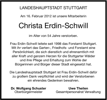Traueranzeige von Christa Erdin-Schwill von Stuttgarter Zeitung / Stuttgarter Nachrichten