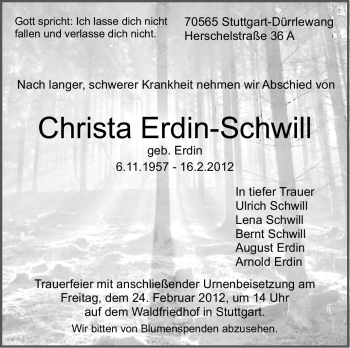 Traueranzeige von Christa Erdin-Schwill von Stuttgarter Zeitung / Stuttgarter Nachrichten