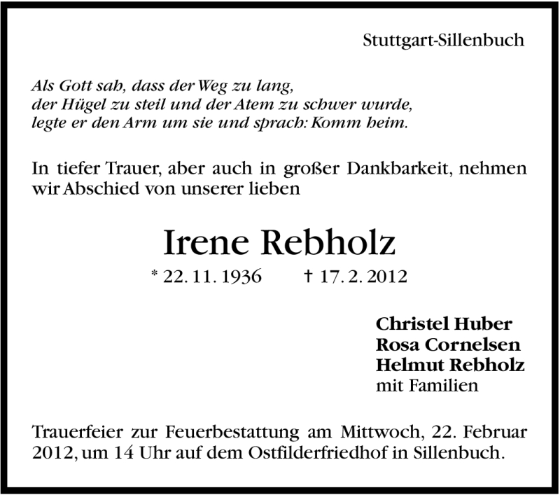  Traueranzeige für Irene Rebholz vom 20.02.2012 aus Stuttgarter Zeitung / Stuttgarter Nachrichten