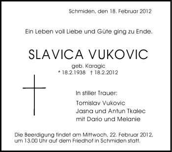 Traueranzeige von Slavica Vukovic von Stuttgarter Zeitung / Stuttgarter Nachrichten