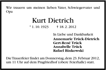 Traueranzeige von Kurt Dietrich von Stuttgarter Zeitung / Stuttgarter Nachrichten