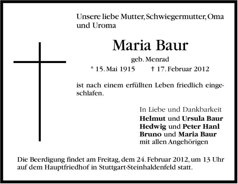  Traueranzeige für Maria Baur vom 20.02.2012 aus Stuttgarter Zeitung / Stuttgarter Nachrichten